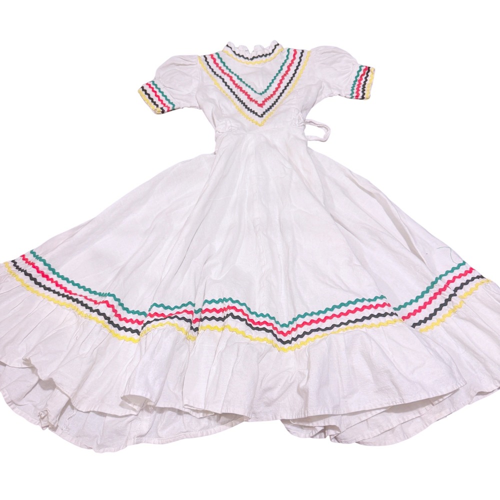 Vintage 1950s White Ctn Patio Dress Rick Rack Mexican Folk Art Handmade GIrls